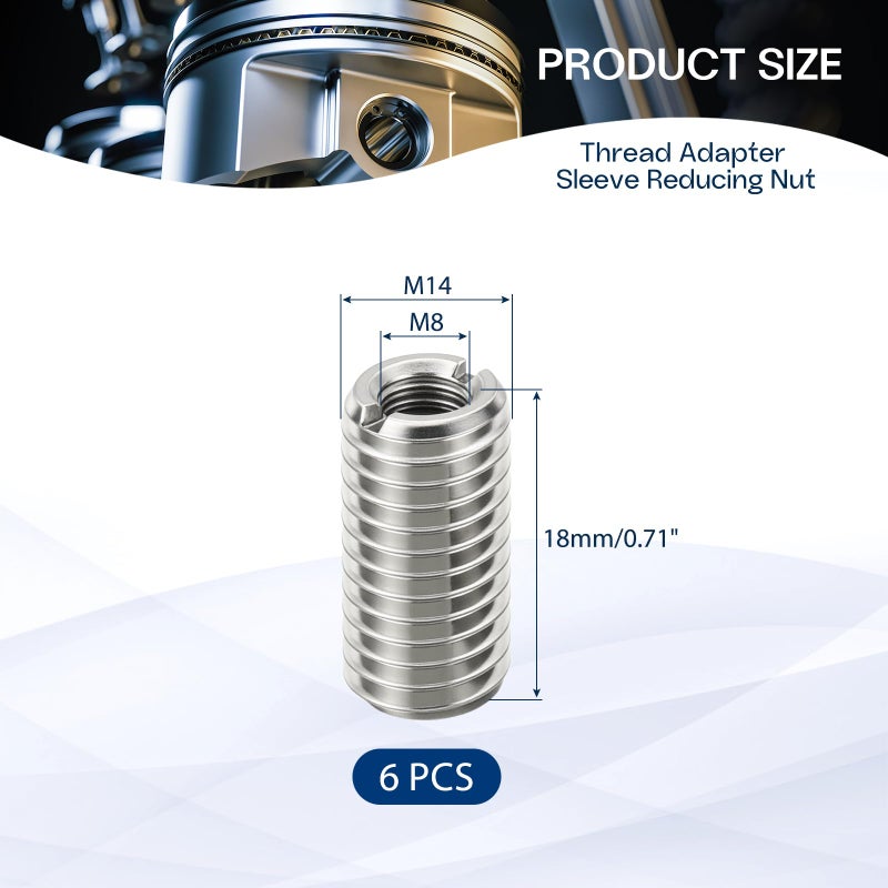 HiPicco 6 Pcs Thread Adapter Sleeve Reducing Nut  M14 x 2 Male to M8 x 1.25 Female Thread Stainless Steel Repair Insert Nut Screw 18mm Length Reducer Conversion Fastener - Image 2